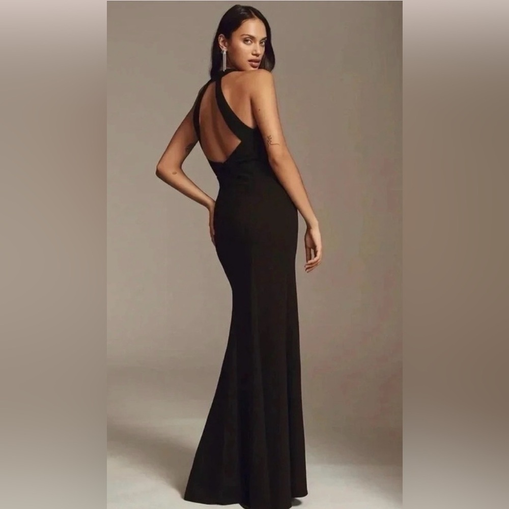 NWT Anthropologie BHLDN Juliana High Neck Halter Slit Stretch Maxi Dress Black